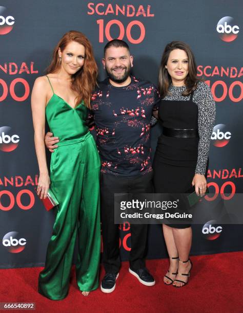 Actors Darby Stanchfield, Guillermo Diaz and Katie Lowes arrive at ABC's "Scandal" 100th Episode Celebration at Fig & Olive on April 8, 2017 in West...
