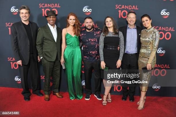 Actors Jon Tenney, Joe Morton, Darby Stanchfield, Guillermo Diaz, Katie Lowes, George Newbern and Bellamy Young arrive at ABC's "Scandal" 100th...