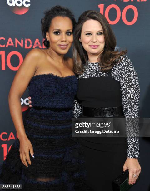 Actors Kerry Washington and Katie Lowes arrive at ABC's "Scandal" 100th Episode Celebration at Fig & Olive on April 8, 2017 in West Hollywood,...