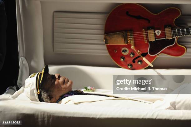 The body of Chuck Berry lies in his casket during a public memorial service for the Rock-n-Roll legend at the Pageant Concert Hall and Nightclub on...