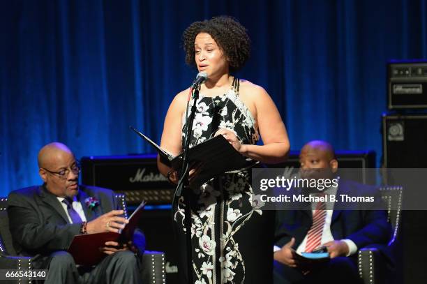 Vocalist, Marlissa Hudson sings during the memorial service for Rock-n-Roll legend Chuck Berry at the Pageant Concert Hall and Nightclub on April 9,...