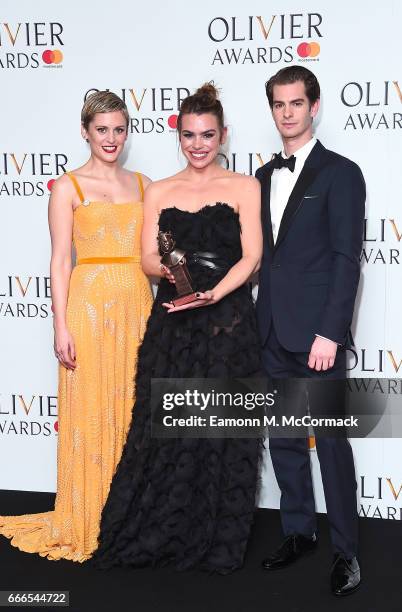 Denise Gough, Best Actress winner Billie Piper and Andrew Garfield pose in the winners room at The Olivier Awards 2017 at Royal Albert Hall on April...