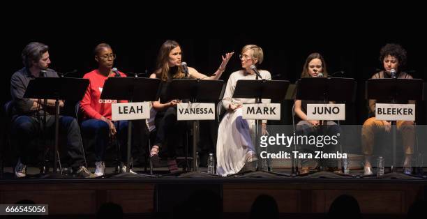 Director Jason Reitman, actresses Issa Rae, Jennifer Garner, Kristen Wiig, Ellen Page and Alia Shawkat speak during a live read of 'Juno' benefiting...