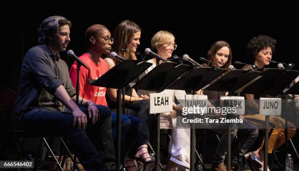 Director Jason Reitman, actresses Issa Rae, Jennifer Garner, Kristen Wiig, Ellen Page and Alia Shawkat speak during a live read of 'Juno' benefiting...