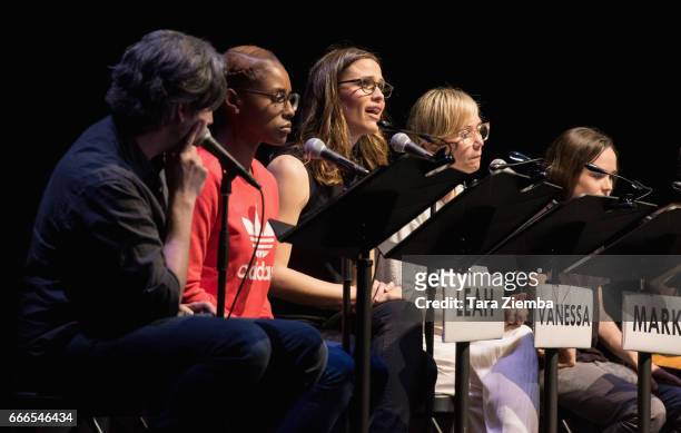 Director Jason Reitman, actresses Issa Rae, Jennifer Garner, Kristen Wiig and Ellen Page speak during a live read of 'Juno' benefiting Planned...