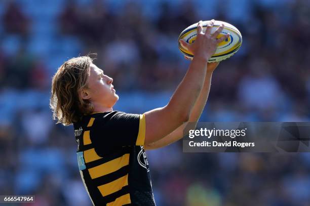 Tommy Taylor of Wasps lines up a throw during the Aviva Premiership match between Wasps and Northampton Saints at The Ricoh Arena on April 9, 2017 in...