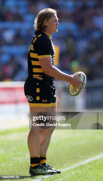 Tommy Taylor of Wasps lines up a throw during the Aviva Premiership match between Wasps and Northampton Saints at The Ricoh Arena on April 9, 2017 in...
