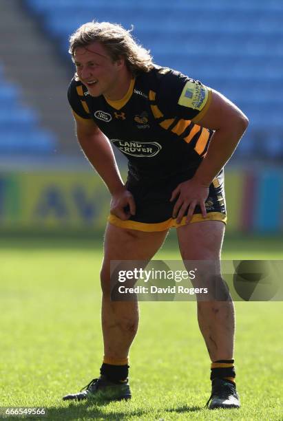 Tommy Taylor of Wasps looks on during the Aviva Premiership match between Wasps and Northampton Saints at The Ricoh Arena on April 9, 2017 in...