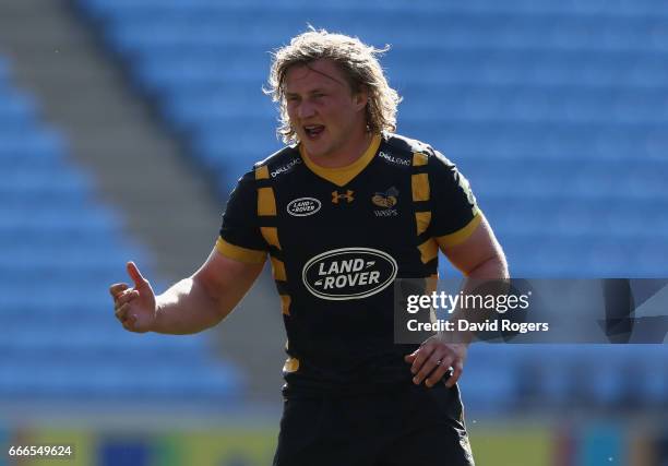 Tommy Taylor of Wasps looks on during the Aviva Premiership match between Wasps and Northampton Saints at The Ricoh Arena on April 9, 2017 in...