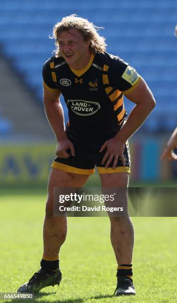 Tommy Taylor of Wasps looks on during the Aviva Premiership match between Wasps and Northampton Saints at The Ricoh Arena on April 9, 2017 in...