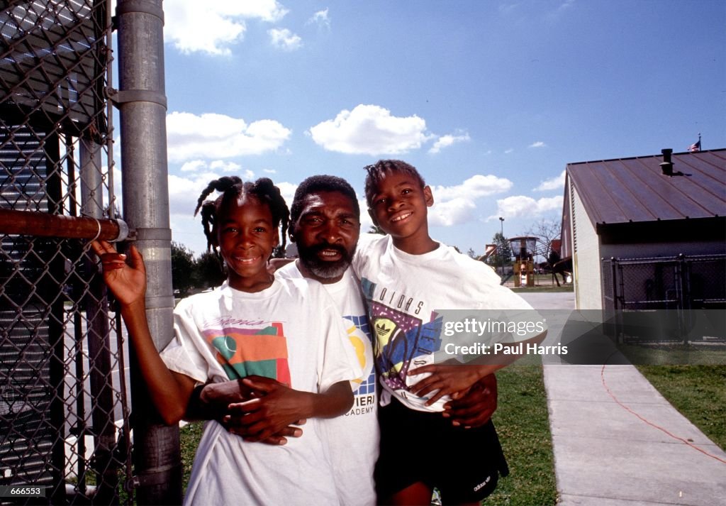 Tennis players Venus and Serena Williams pose in 1991 in Compton