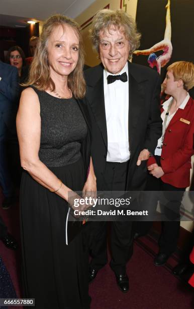 Sabrina Guinness and Sir Tom Stoppard pose in the winners room at The Olivier Awards 2017 at Royal Albert Hall on April 9, 2017 in London, England.