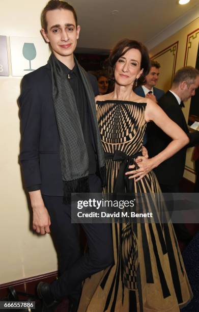 Harrison Phipps and Haydn Gwynne pose in the winners room at The Olivier Awards 2017 at Royal Albert Hall on April 9, 2017 in London, England.