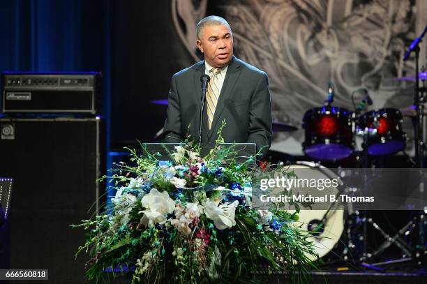 Congressman Lacy Clay delivers remarks on behalf of former US President Bill Clinton during the memorial service for Rock-n-Roll legend Chuck Berry...