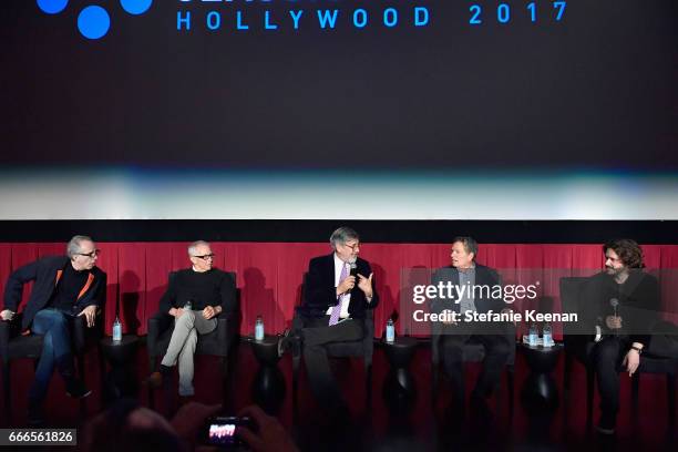 Producer Jerry Zucker, directors Jim Abrahams, John Landis, David Zucker, and Edgar Wright speak onstage during the screening of 'The Kentucky Fried...