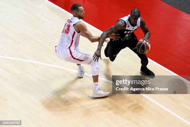 Paul Rigot of Monaco and Bandja Sy of ASVEL during the french Pro A match between As Monaco and Lyon Villeurbanne Asvel on April 9, 2017 in Monaco,...