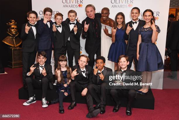 Lord Andrew Lloyd Webber and Laura Mvula pose with the kids from "School Of Rock: The Musical", winners of the Outstanding Achievement In Music...