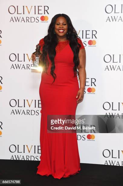 Amber Riley, winner of the Best Actress In A Musical award for "Dreamgirls", poses in the winners room at The Olivier Awards 2017 at Royal Albert...