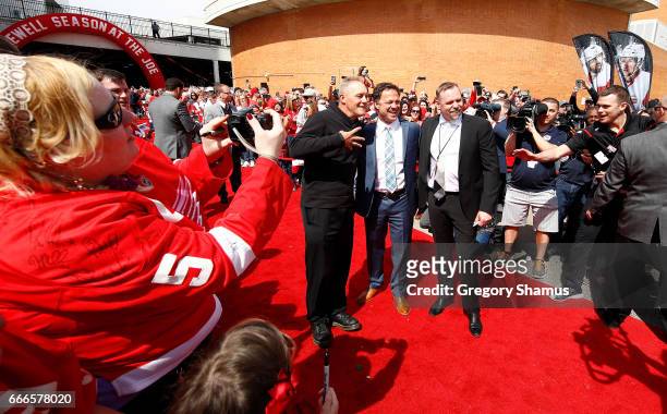 From L-R former Detroit Red Wings Darren McCarty, Dino Ciccarelli and Tomas Holmstrom on the red carpet prior to the Detroit Red Wings playing the...