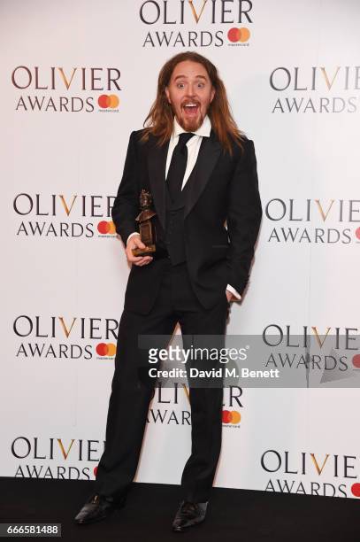 Tim Minchin, accepting the Best New Musical award for "Groundhog Day", poses in the winners room at The Olivier Awards 2017 at Royal Albert Hall on...