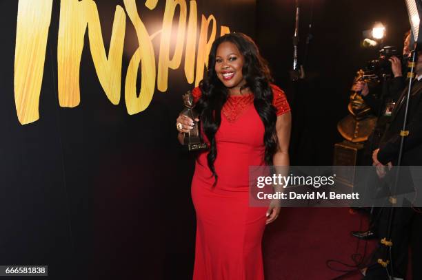 Amber Riley, winner of the Best Actress In A Musical award for "Dreamgirls", poses in the winners room at The Olivier Awards 2017 at Royal Albert...