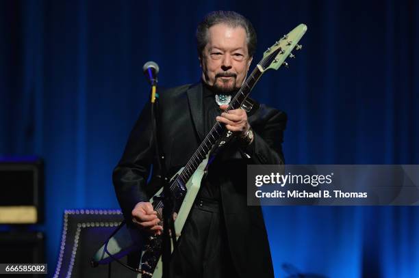 Guitarist Billy Peek performs during the memorial service for Rock-n-Roll legend Chuck Berry at the Pageant Concert Hall and Nightclub on April 9,...