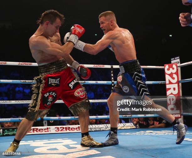 NTerry Flanagan and Petr Petrov during their WBO World Lightweight Championship bout at Manchester Arena on April 8, 2017 in Manchester, England.