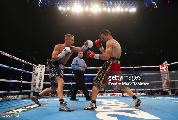 NTerry Flanagan and Petr Petrov during their WBO World Lightweight Championship bout at Manchester Arena on April 8, 2017 in Manchester, England.