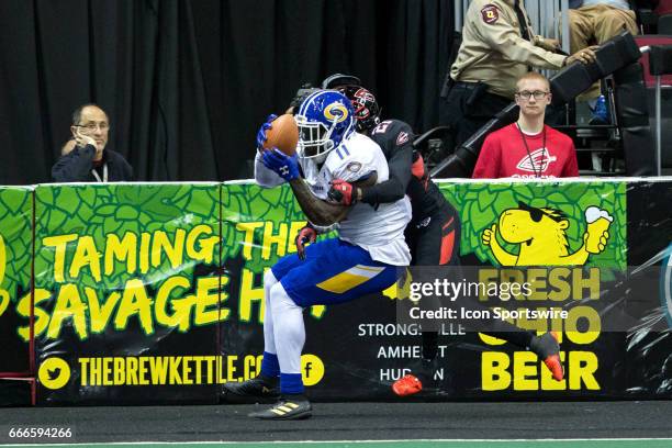 Tampa Bay Storm WR LaMark Brown makes a touchdown catch as Cleveland Gladiators DB Arness Ikner defends during the fourth quarter of the Arena League...