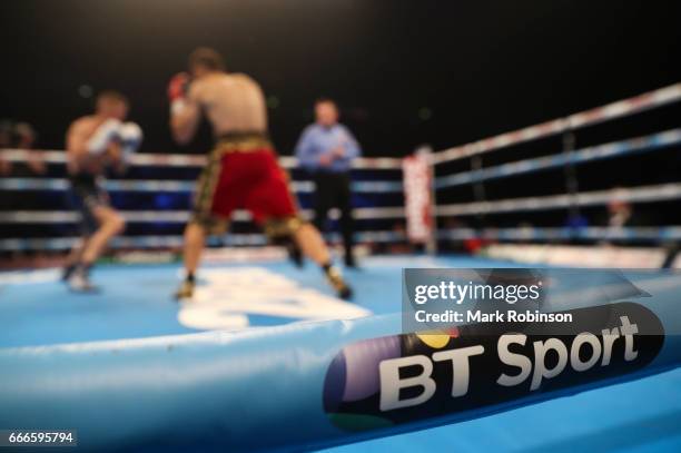 Sport Sponsored ring logo during the "nTerry Flanagan and Petr Petrov bout at Manchester Arena on April 8, 2017 in Manchester, England.