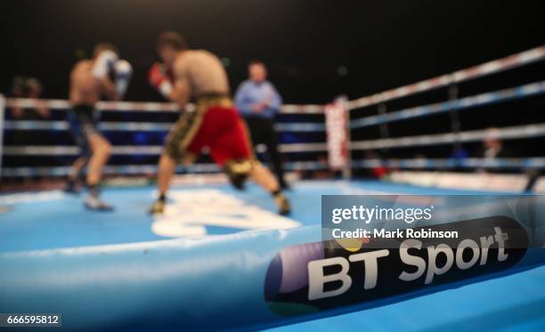 Sport Sponsored ring logo during the "nTerry Flanagan and Petr Petrov bout at Manchester Arena on April 8, 2017 in Manchester, England.