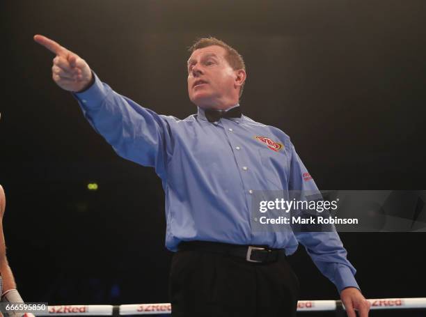 Boxing referee Marcus McDonnell during the "nTerry Flanagan and Petr Petrov fight at Manchester Arena on April 8, 2017 in Manchester, England.