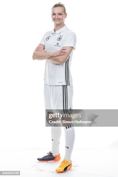 April 03: Alexandra Popp poses during the DFB Ladies Marketing Day on April 3, 2017 in Frankfurt am Main, Germany.