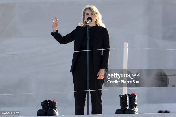 Singer Beatrice Martin from the band 'Coeur De Pirate'perfors at the centenary commemorative service at the Canadian National Vimy Memorial on April...
