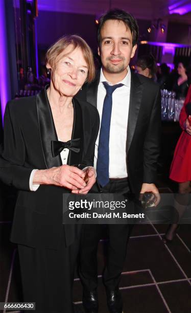 Glenda Jackson and Lin-Manuel Miranda attend The Olivier Awards 2017 after party at Rosewood London on April 9, 2017 in London, England.