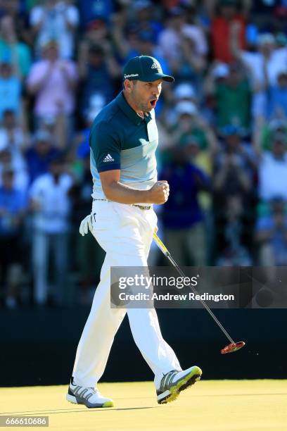 Sergio Garcia of Spain reacts to making a putt for eagle on the 15th green during the final round of the 2017 Masters Tournament at Augusta National...