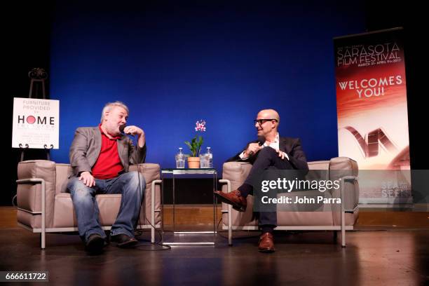 David Edelstein and actor Stanley Tucci speak on stage at 'In Conversation with Stanley Tucci' during the 2017 Sarasota Film Festival on April 8,...