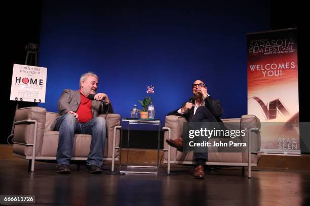 David Edelstein and actor Stanley Tucci speak on stage at 'In Conversation with Stanley Tucci' during the 2017 Sarasota Film Festival on April 8,...