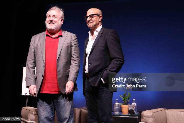 David Edelstein and actor Stanley Tucci on stage at 'In Conversation with Stanley Tucci' during the 2017 Sarasota Film Festival on April 8, 2017 in...