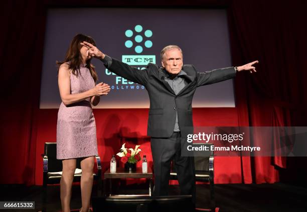 Actor Illeana Douglas and TV personality Dick Cavett speak onstage during the 2017 TCM Classic Film Festival on April 9, 2017 in Los Angeles,...