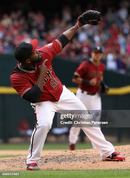 Relief pitcher Fernando Rodney of the Arizona Diamondbacks reacts after defeating the Cleveland Indians 3-2 in the MLB game at Chase Field on April...