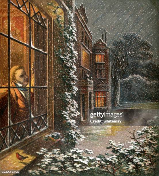 victorian gentleman looking out of a window at the snow - cozy winter stock illustrations
