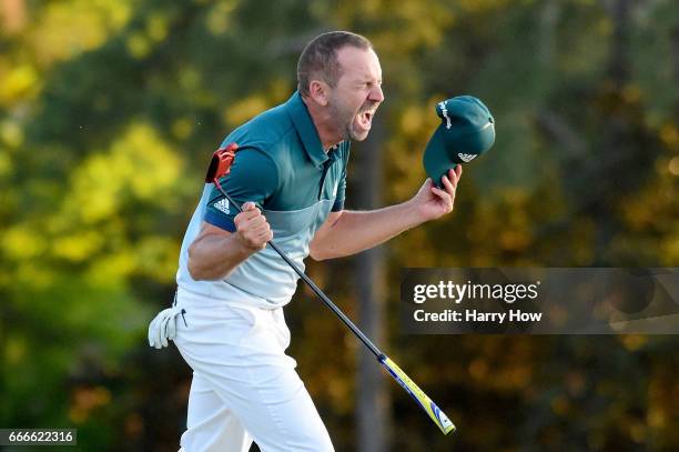 Sergio Garcia of Spain celebrates after defeating Justin Rose of England on the first playoff hole during the final round of the 2017 Masters...