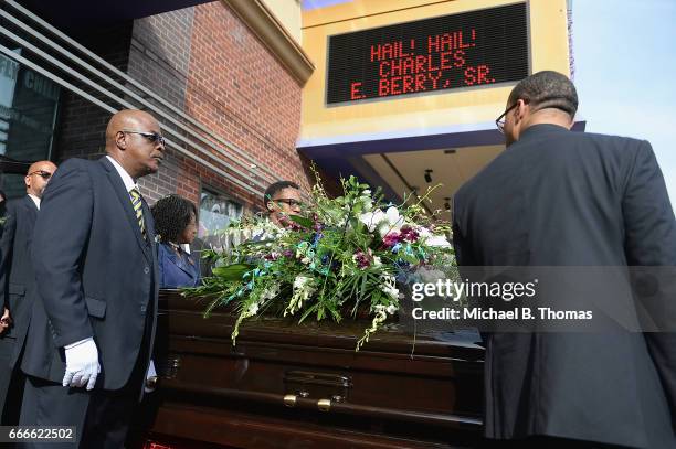 Pallbearers escort the casket of Rock-n-Roll legend Chuck Berry after a memorial service at the Pageant Concert Hall and Nightclub on April 9, 2017...