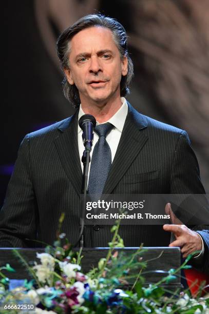 President & CEO of the Rock and Roll Hall of Fame Foundation, Inc, Joel Peresman gives remarks during the memorial service for Rock-n-Roll legend...