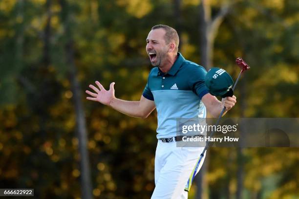 Sergio Garcia of Spain celebrates after defeating Justin Rose of England on the first playoff hole during the final round of the 2017 Masters...