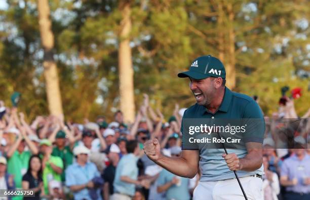 Sergio Garcia of Spain celebrates after defeating Justin Rose of England on the first playoff hole during the final round of the 2017 Masters...