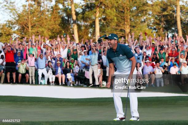 Sergio Garcia of Spain celebrates after defeating Justin Rose of England on the first playoff hole during the final round of the 2017 Masters...