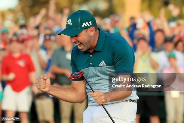 Sergio Garcia of Spain celebrates after defeating Justin Rose of England on the first playoff hole during the final round of the 2017 Masters...