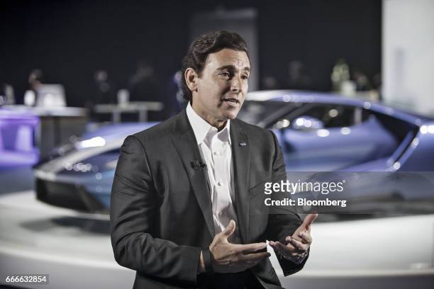 Mark Fields, president and chief executive officer of Ford Motor Co., speaks during a Bloomberg Television interview in Shanghai, China, on Saturday,...